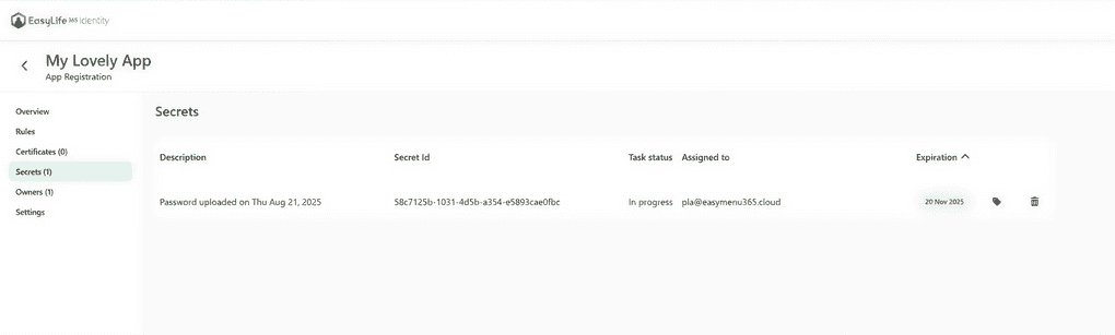 EasyLife 365 Identity screenshot showing one active app secret for secure credential management.